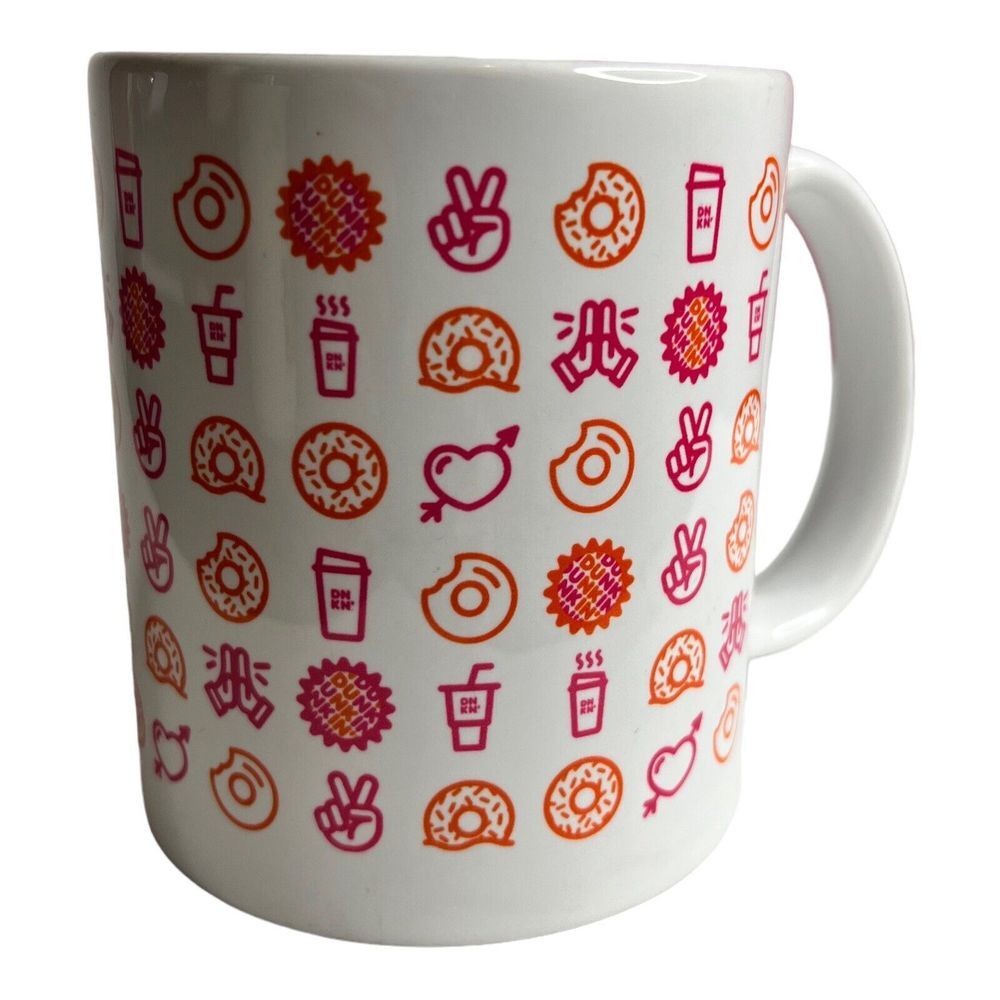 Dunkin Donuts Coffee Mug Cup Peace Love High Five emoji 2018‎ holiday white pink - Picture 3 of 7